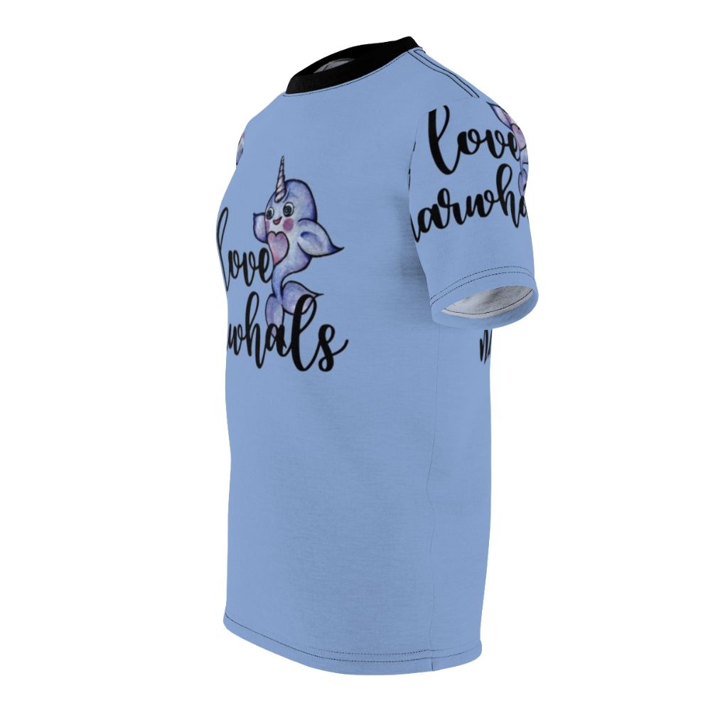 All-over print t-shirt featuring a cute and colorful narwhal design - men left