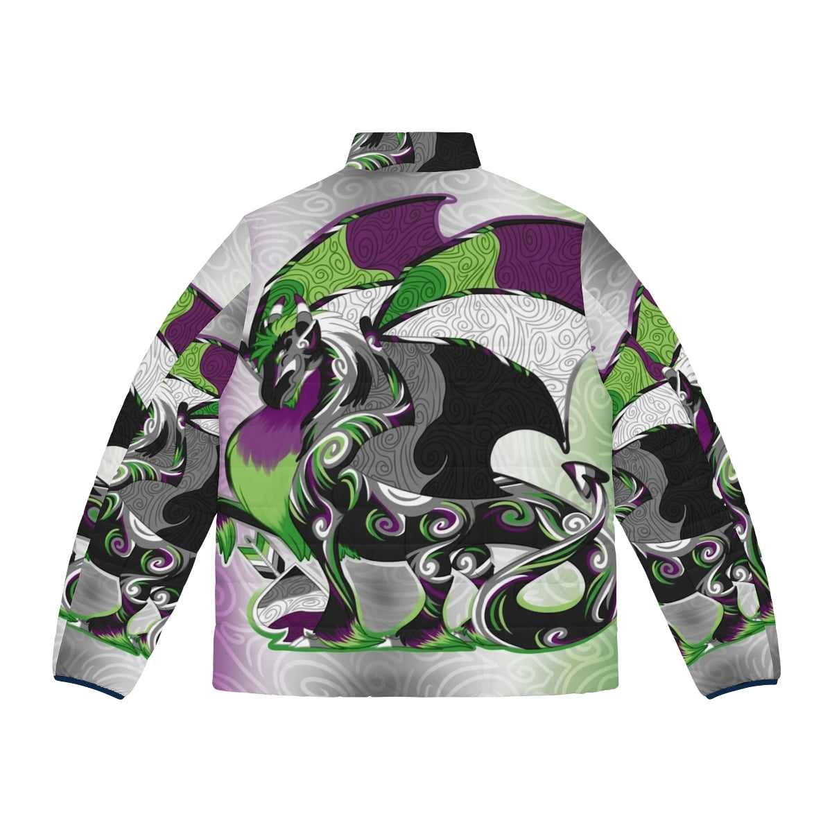 Aro ace pride dragon puffer jacket with LGBTQ+ and queer design - Back