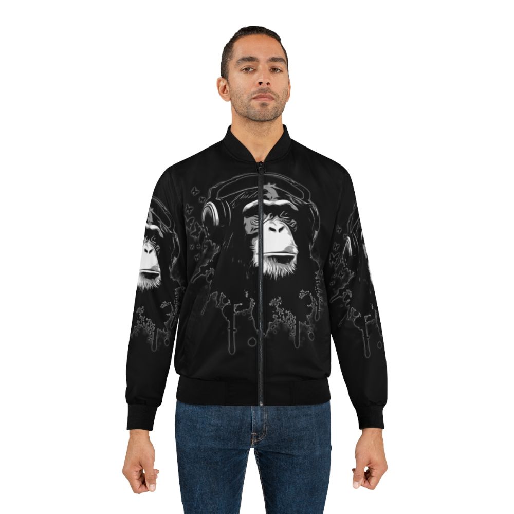 Black bomber jacket with graffiti-style monkey and butterflies design - Lifestyle