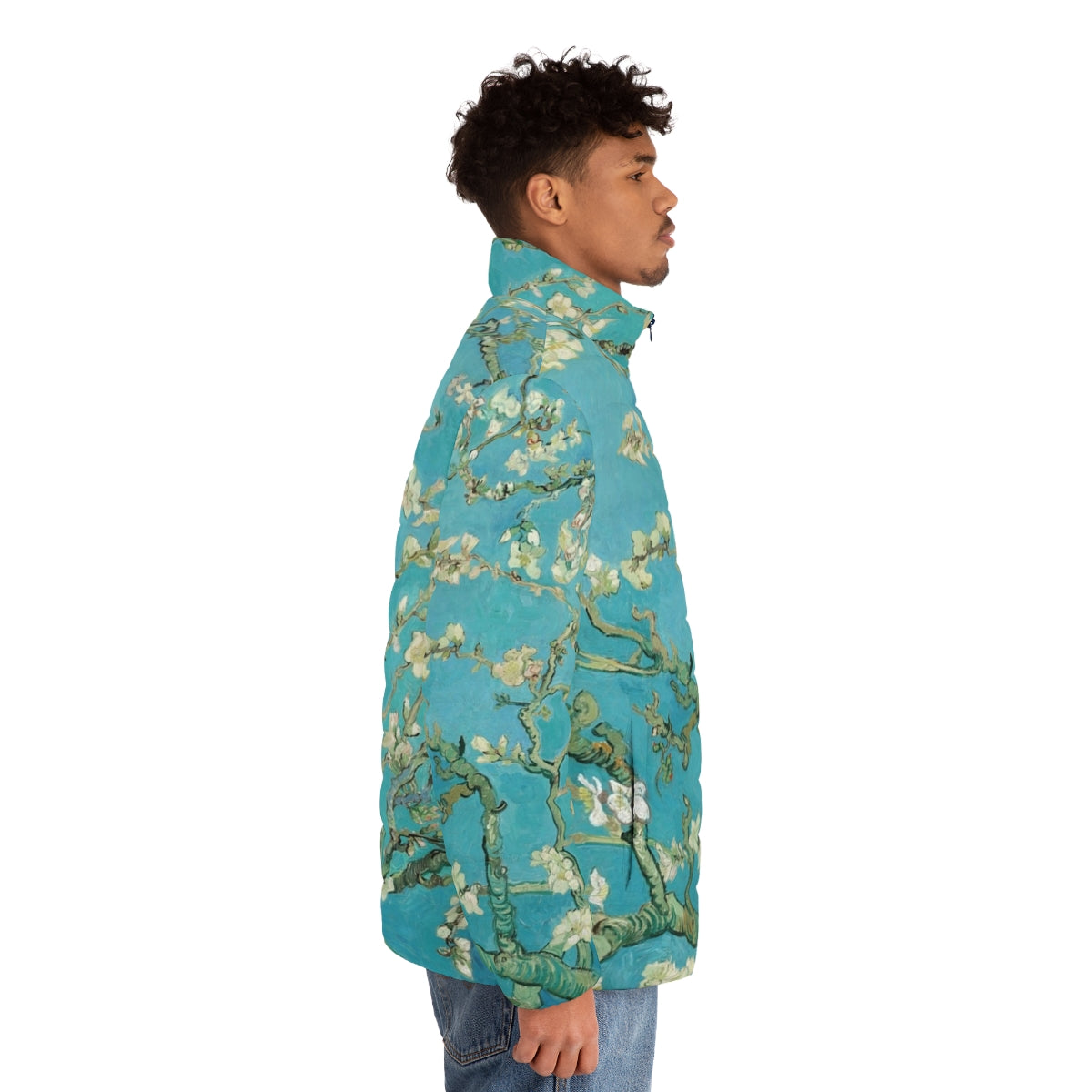 Almond blossom puffer jacket featuring Vincent Van Gogh's impressionist art - men side right