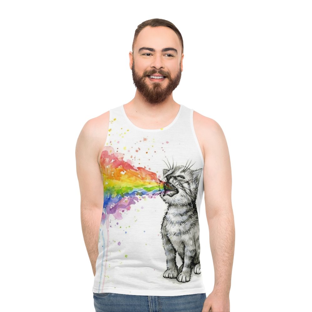 Kitten puking rainbow design on unisex tank top - men