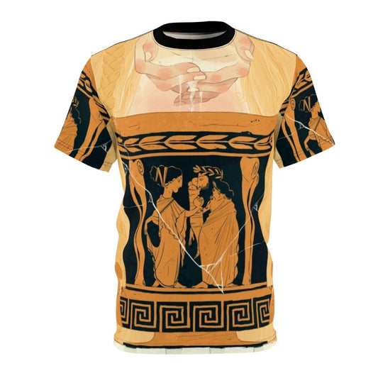 Persephone inspired graphic t-shirt featuring a design with springtime imagery and mythological references