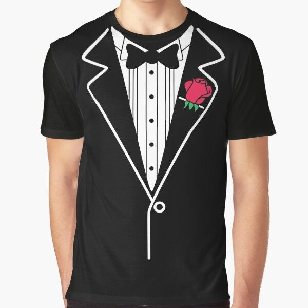 Tuxedo graphic t-shirt with a rose design, a formal and funny men's fashion item