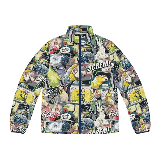 Parrot comic style puffer jacket with vibrant bird print design