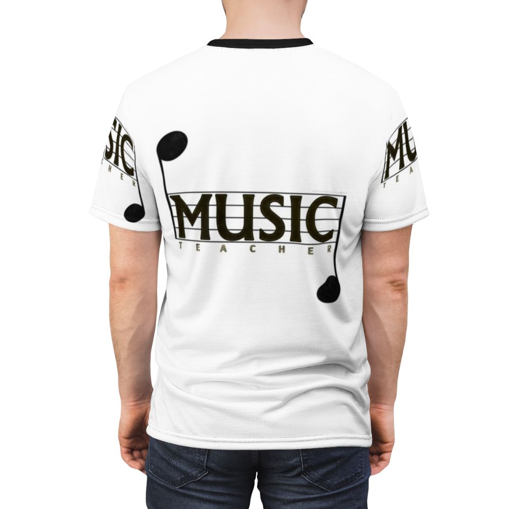 Stylish t-shirt design for music teachers featuring music staff, notes, and other musical elements. - men back