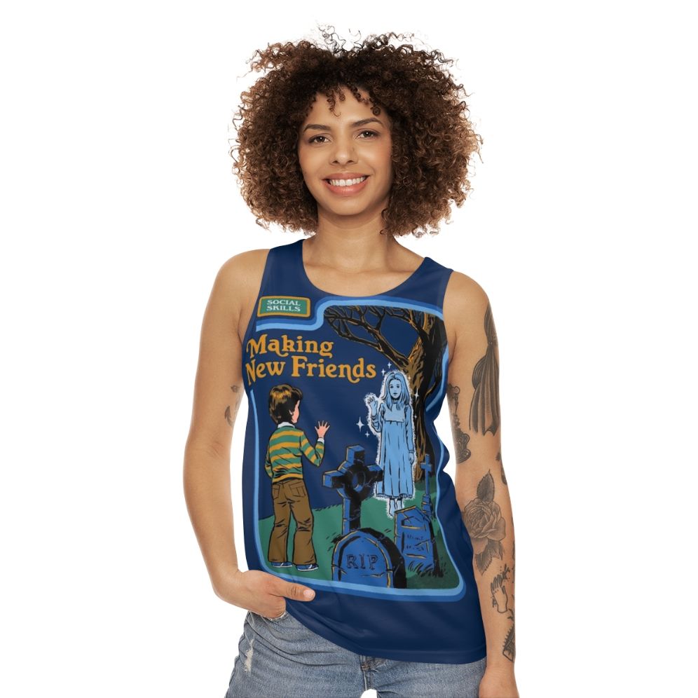 Retro horror-themed unisex tank top with "Making New Friends" design - women