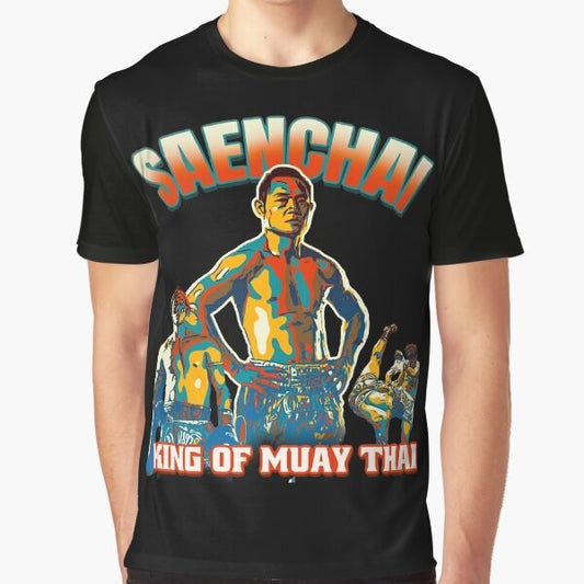 Saenchai, the legendary Muay Thai kickboxing champion, depicted in a graphic design on a t-shirt