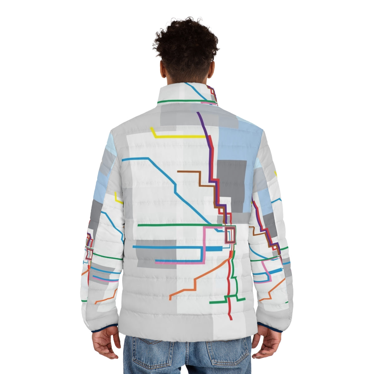 Chicago Transit Map Puffer Jacket with City Skyline - men back