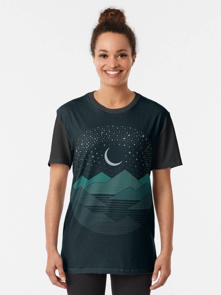 Minimalist graphic t-shirt design with mountains and stars in the night sky - Women