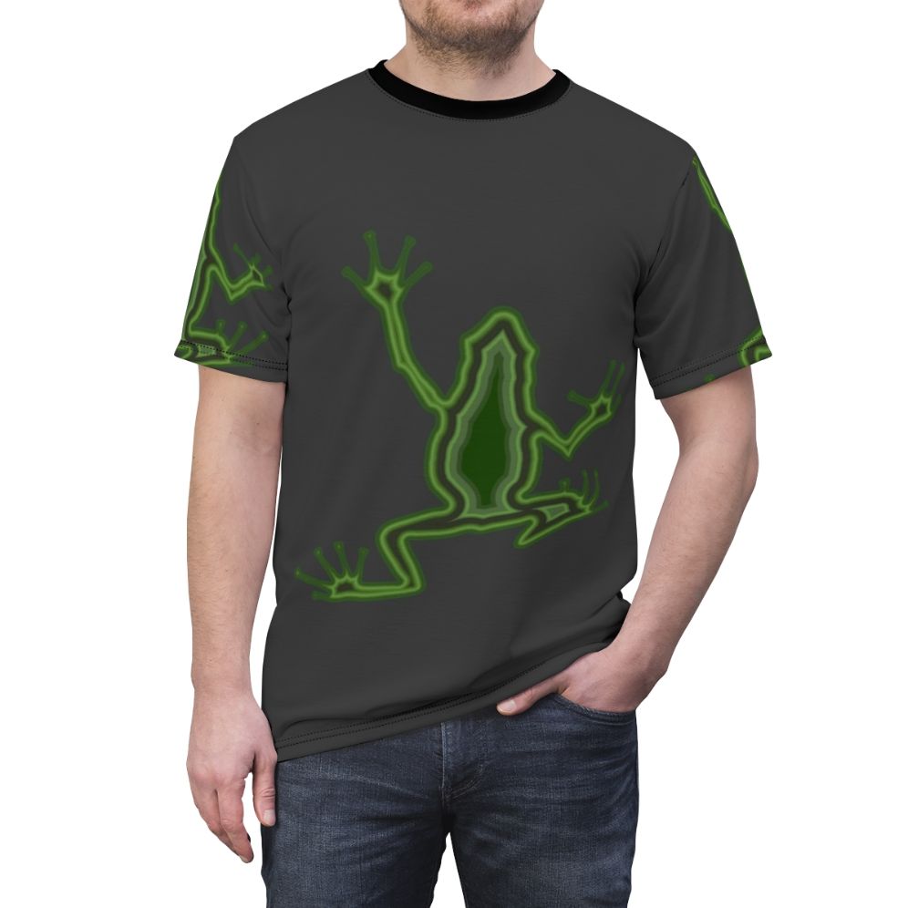 Vibrant T-shirt design featuring a colorful frog, representing legendary animals and nature - men front