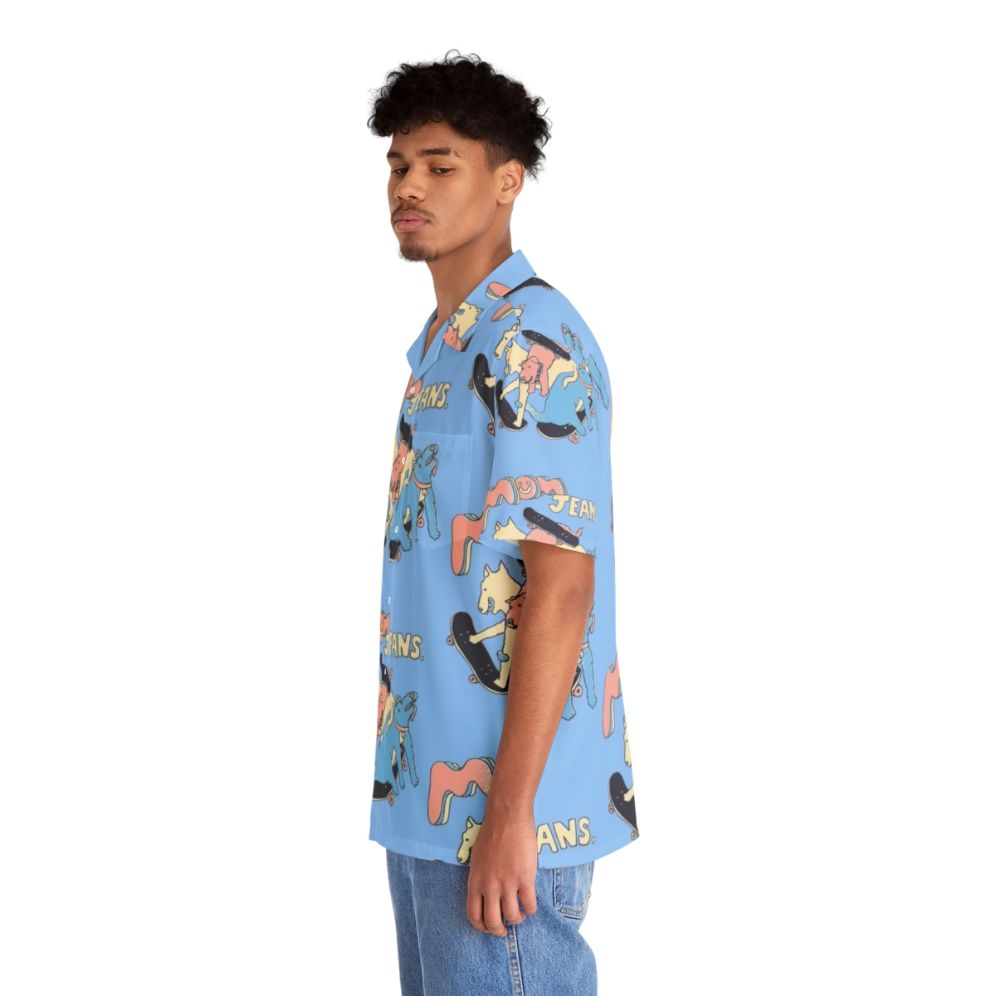 Vibrant Hawaiian shirt featuring a mom jeans band and puppy love design - People Left