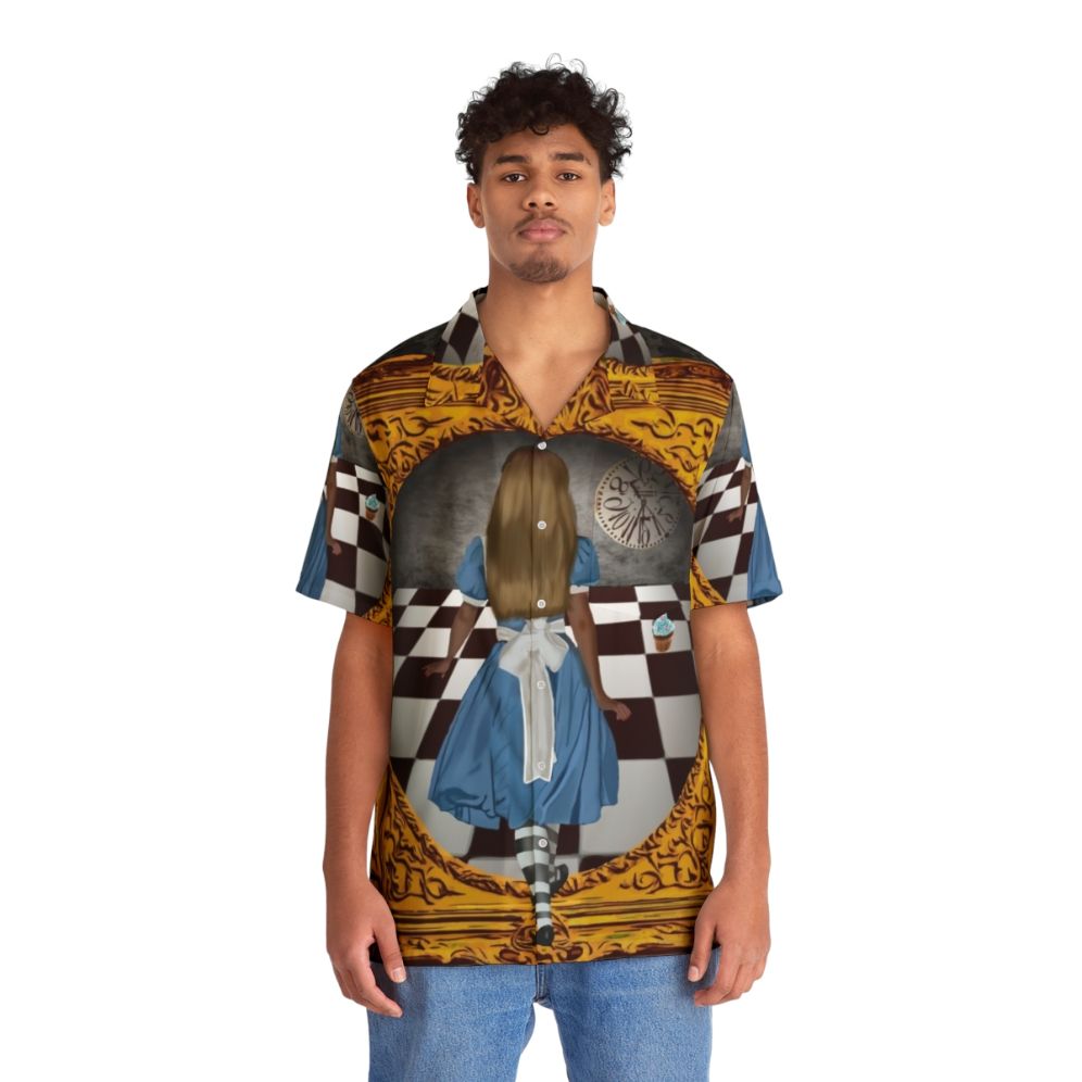 A captivating blue and gold Hawaiian shirt with an Alice in Wonderland inspired design - Lifestyle