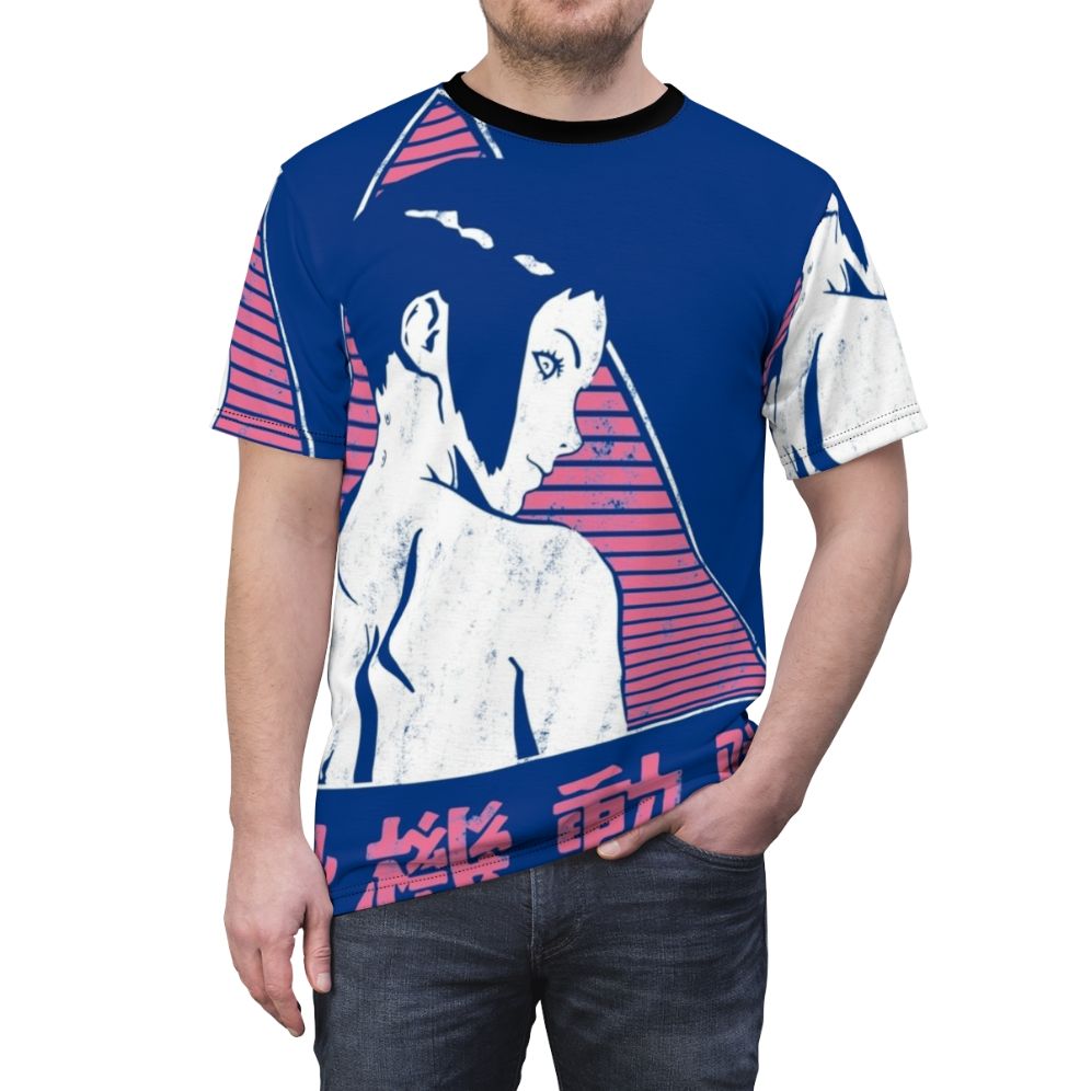 Retro-style anime t-shirt featuring a pink and white Ghost in the Shell-inspired design - men front