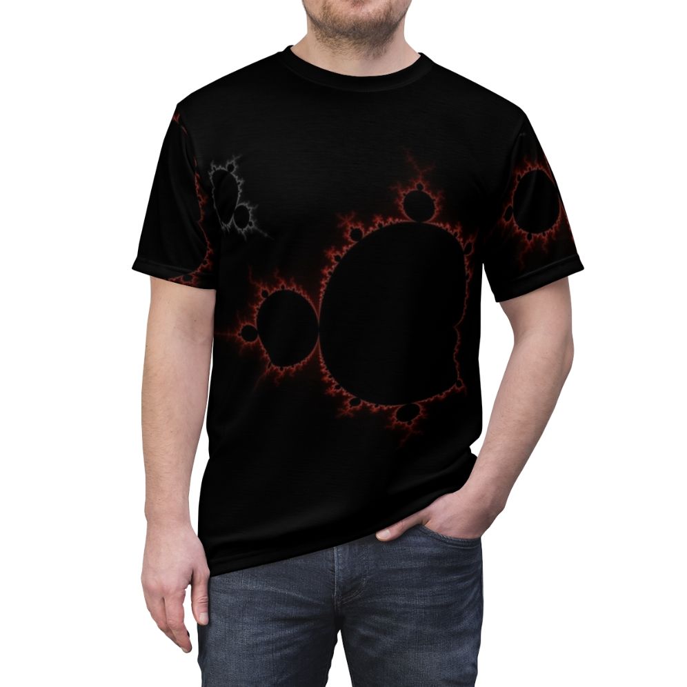 Mandelbrot set fractal design printed on a red t-shirt - men front