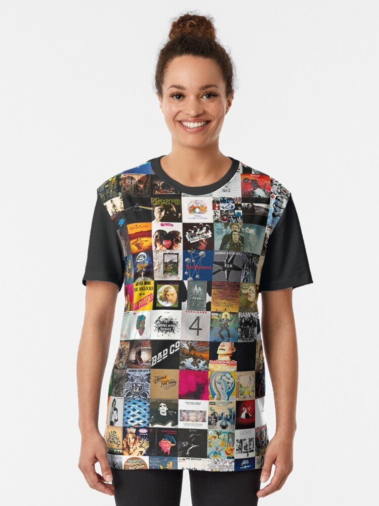 Collage of classic rock album covers on a graphic t-shirt - Women