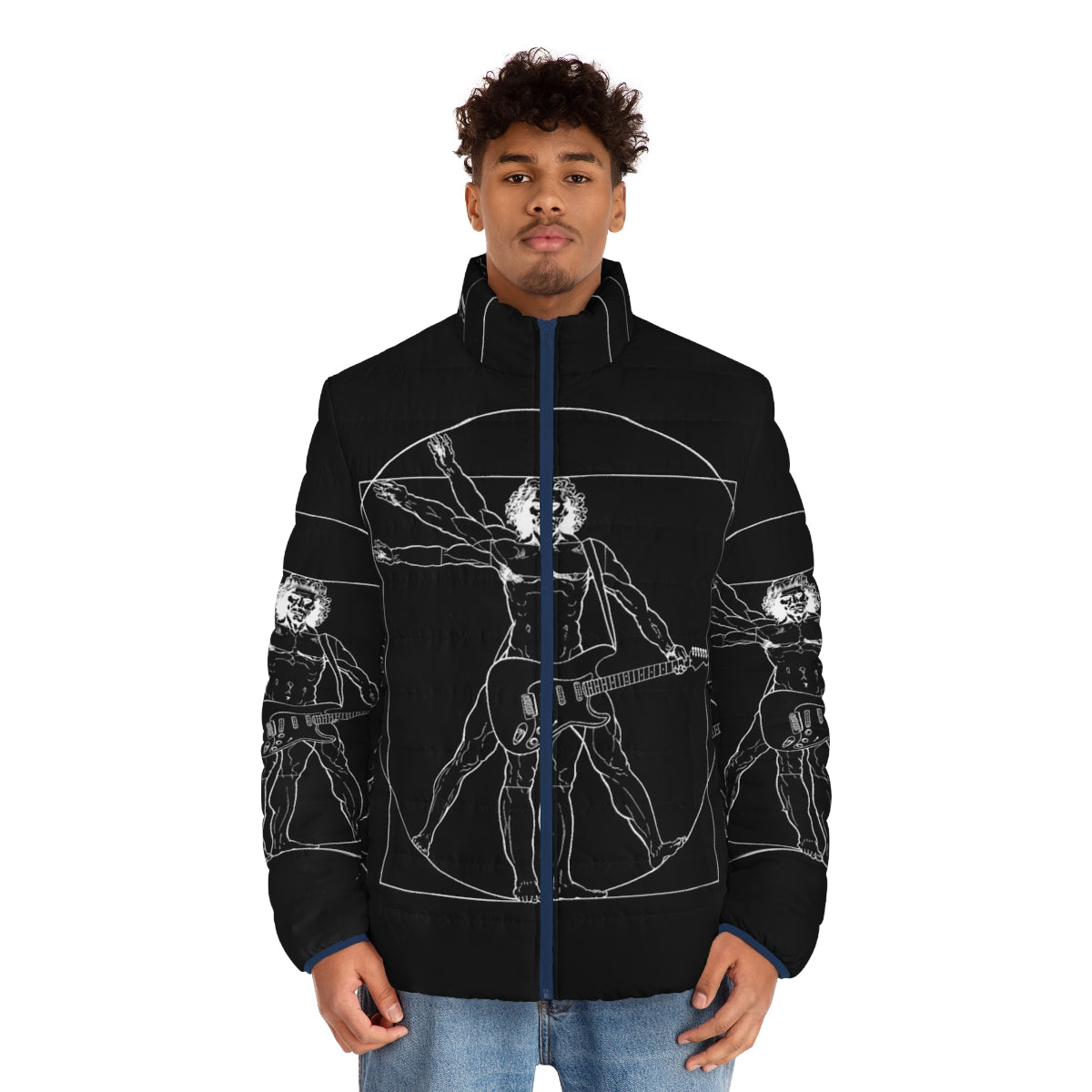 Vetruvian Rock Star Puffer Jacket featuring classic art inspired by Leonardo da Vinci - men front