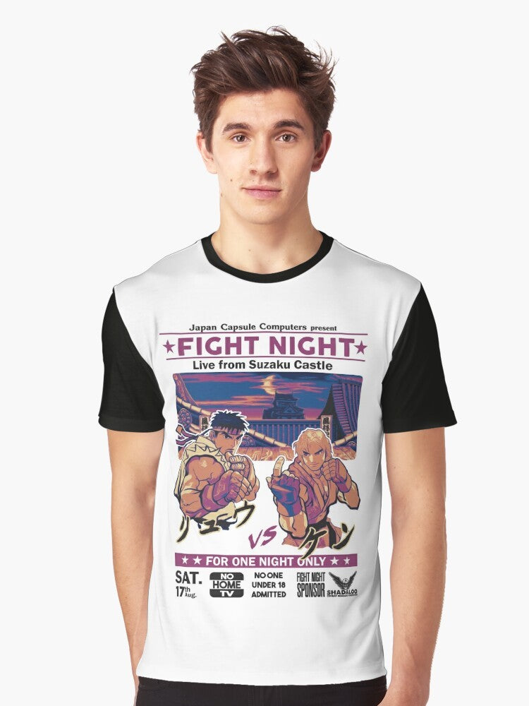 Retro Street Fighter graphic t-shirt with characters like Ryu, Ken, Chun-Li, and Akuma. - Men