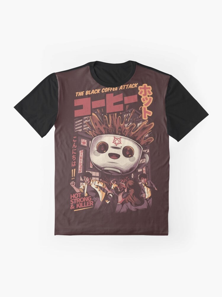 A black graphic t-shirt featuring a magic coffee design with anime-inspired elements, perfect for fans of Japanese culture and supernatural themes. - Flat lay