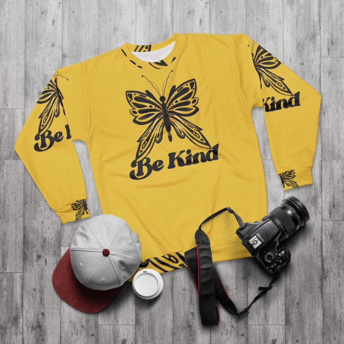 Inspirational "Be Kind" butterfly sweatshirt - flat lay