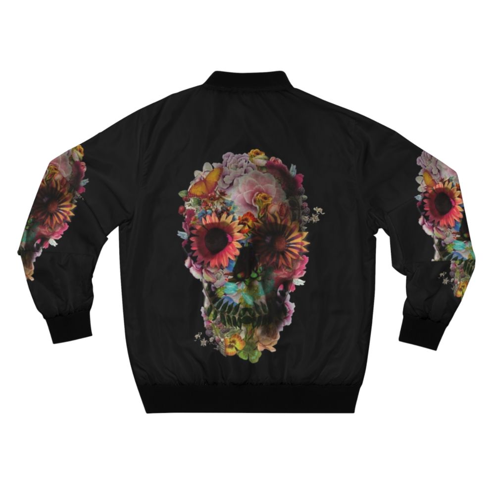 Skull Bomber Jacket with Floral and Skull Graphic Design - Back