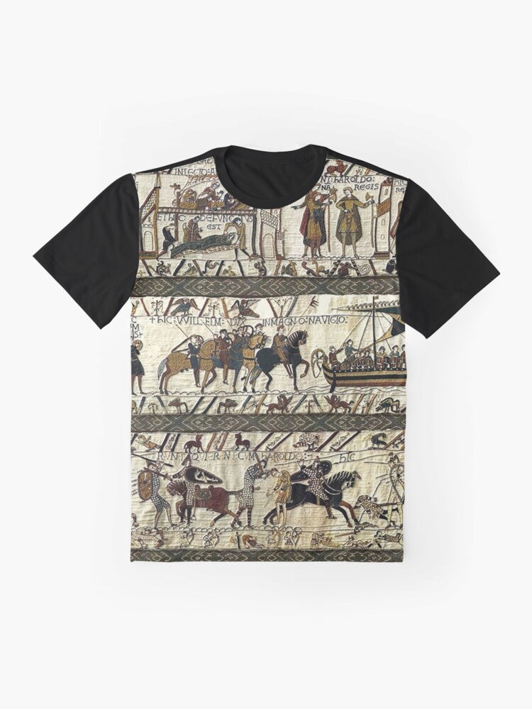 Bayeux tapestry medieval viking battle scene graphic t-shirt - Flat lay