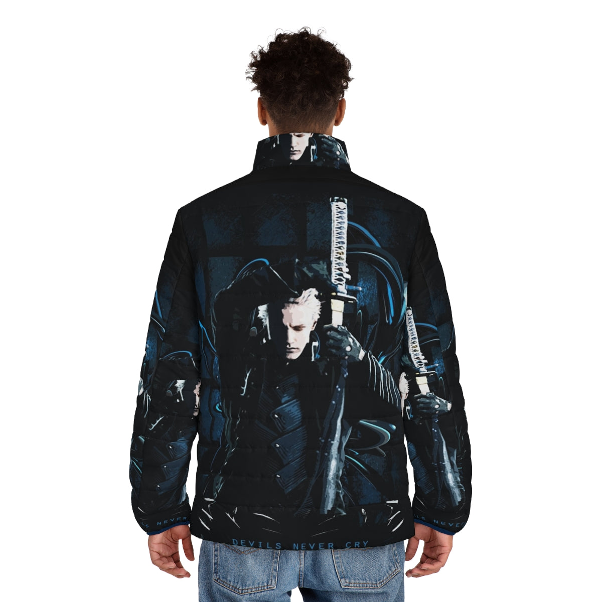 Devil May Cry 5 Puffer Jacket featuring Dante and Vergil inspired design - men back