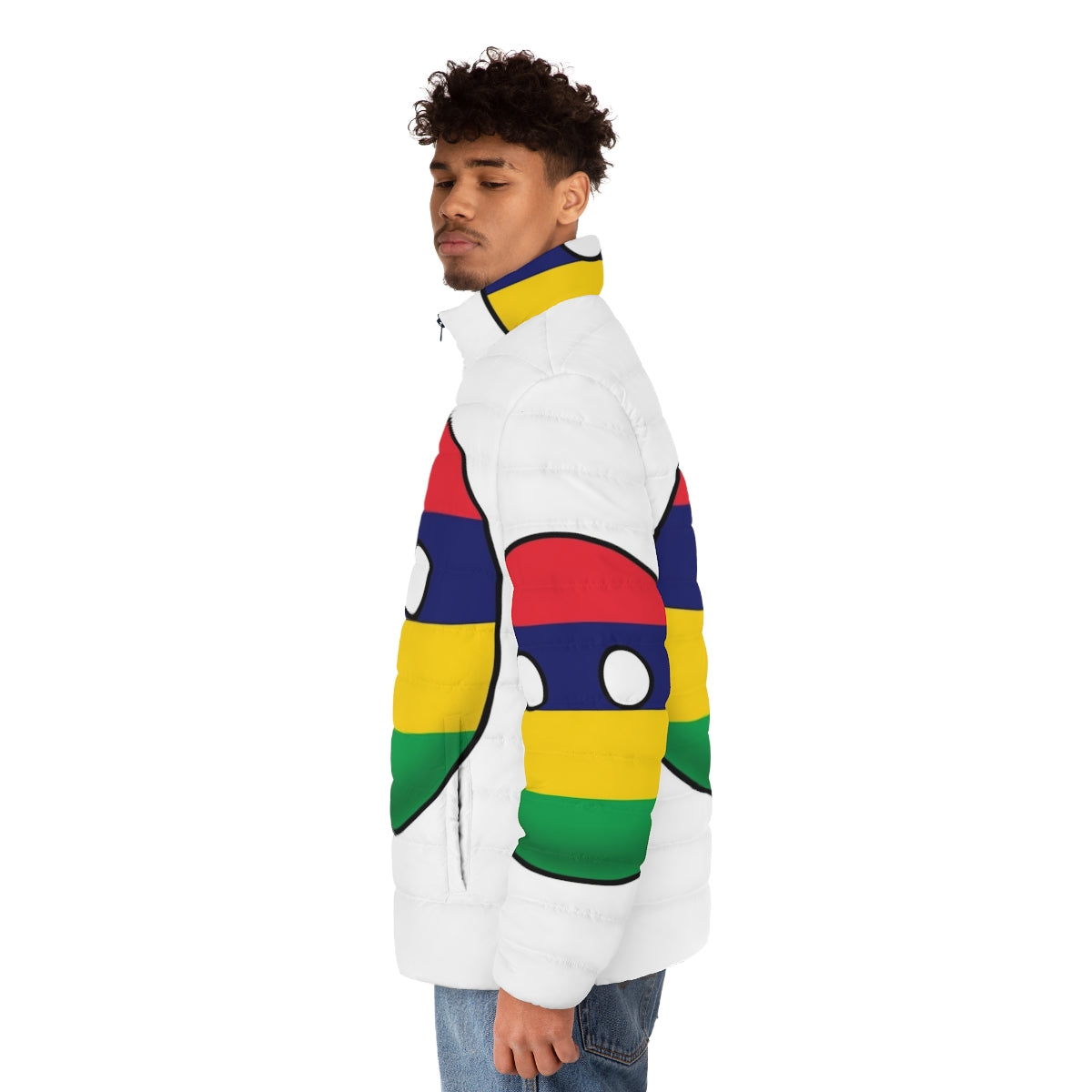 Mauritius Countryball Puffer Jacket featuring the iconic Mauritius flag design - men side left