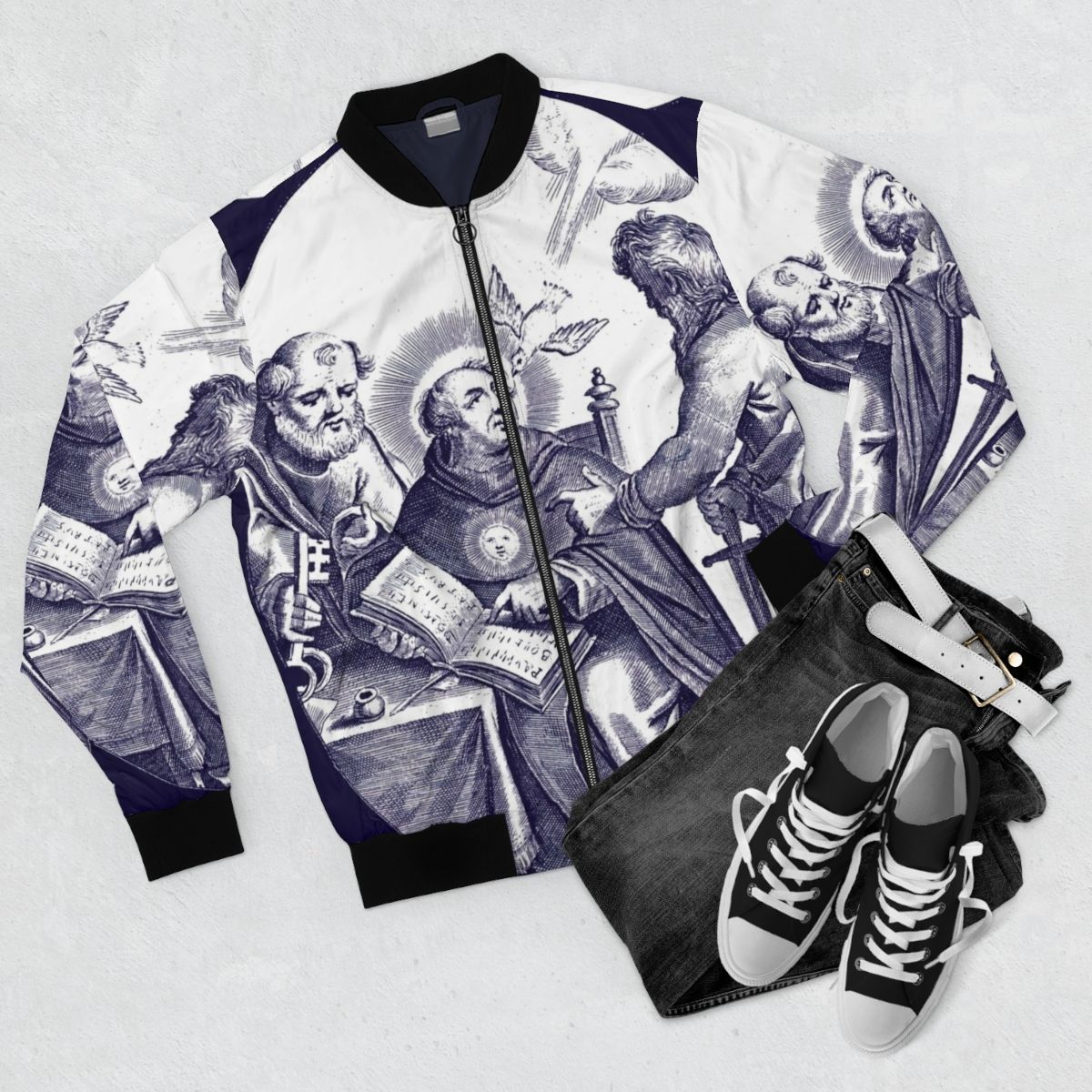 St. Thomas Aquinas Bomber Jacket with Catholic Saint Imagery - Flat lay