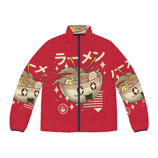 Kawaii ramen-themed puffer jacket with vibrant colors and playful design