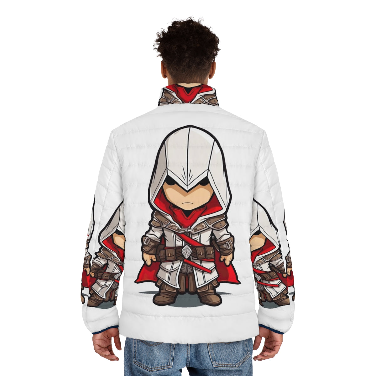 Assassin's Creed Chibi Puffer Jacket featuring a cute and stylized character design - men back