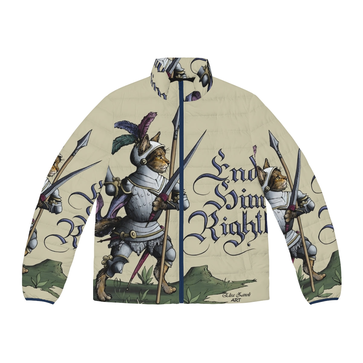 Hemanimals medieval-inspired puffer jacket with cats and historical fencing imagery