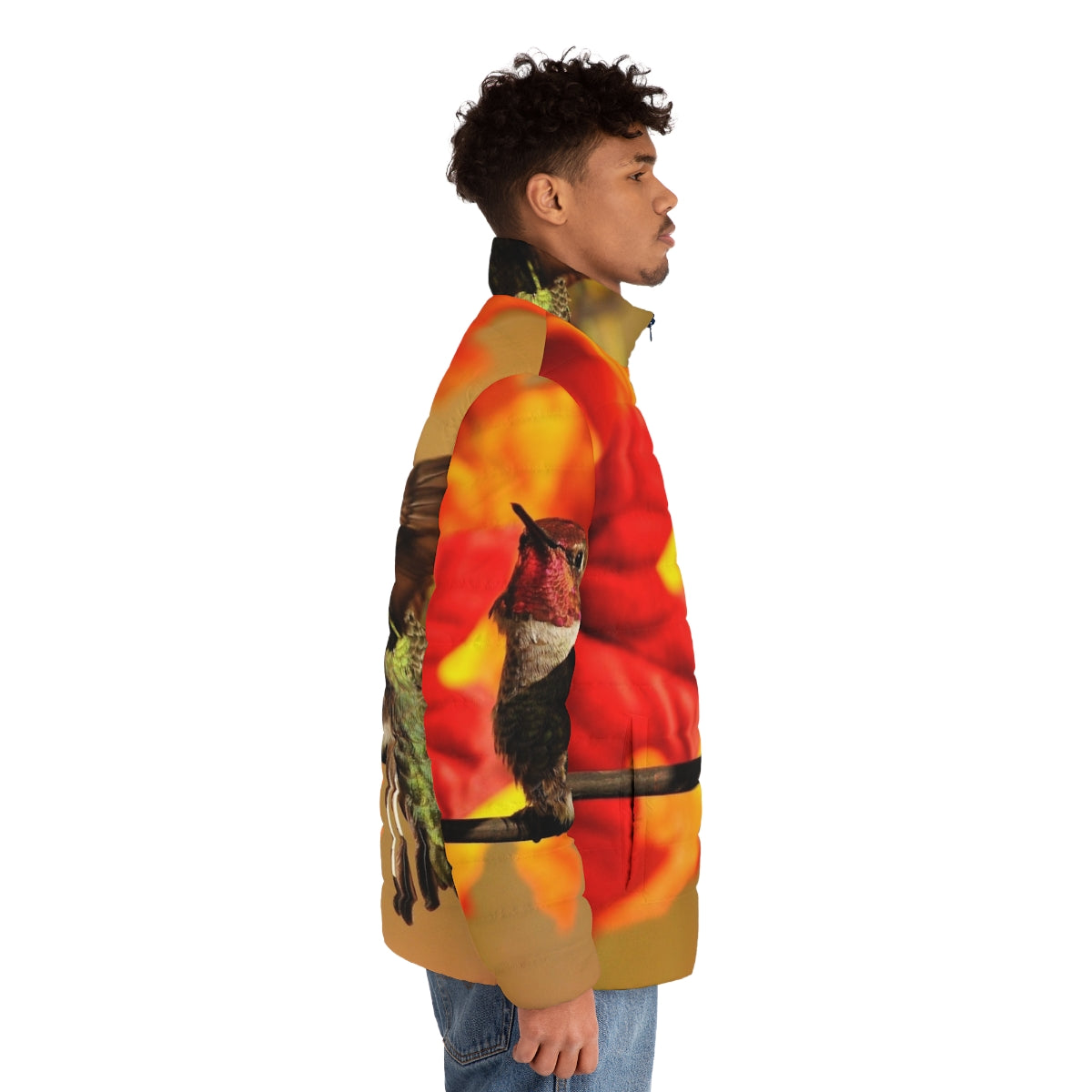 Woman wearing a puffer jacket with a hummingbird print design - men side right