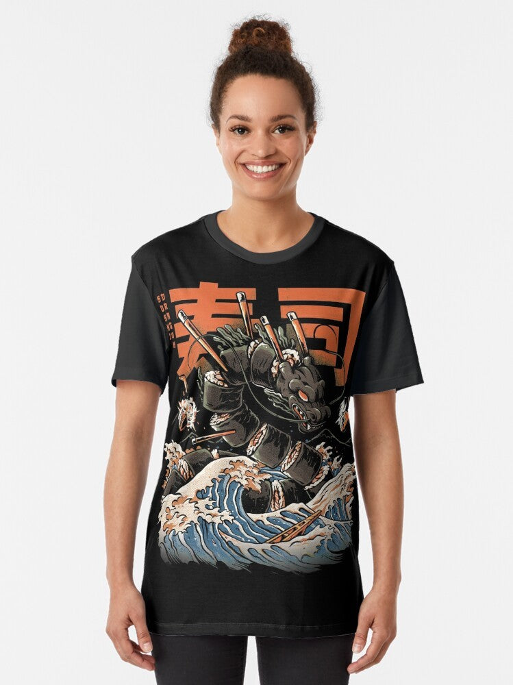 A vibrant graphic tee featuring a stylized dragon devouring sushi against a backdrop of the iconic Kanagawa wave, evoking the essence of Japanese culture and kaiju art. - Women