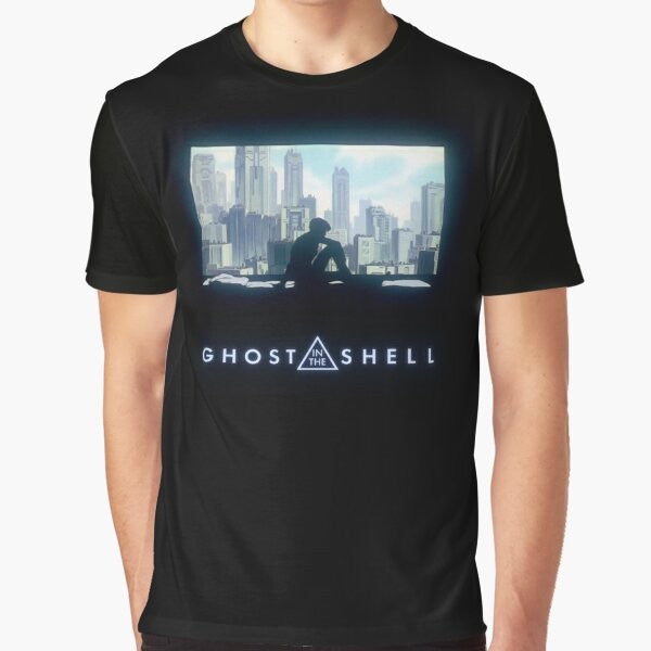 Ghost in the Shell cyberpunk graphic t-shirt featuring the iconic window design from the anime/manga series