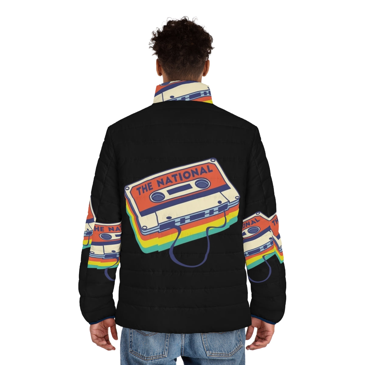 A cozy puffer jacket featuring The National band logo and cassette deck design - men back