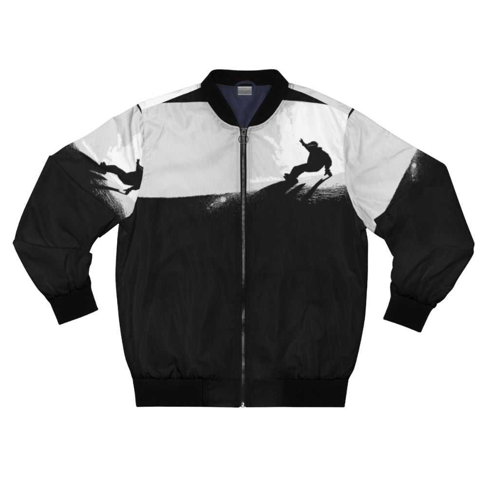 Snowboarding downhill bomber jacket on a snowy mountain slope