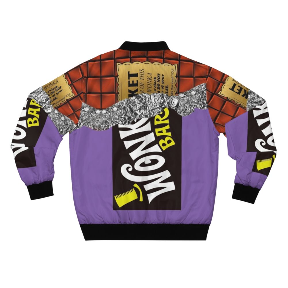 A vintage-inspired chocolate bomber jacket featuring the golden ticket from Willy Wonka's Chocolate Factory - Back