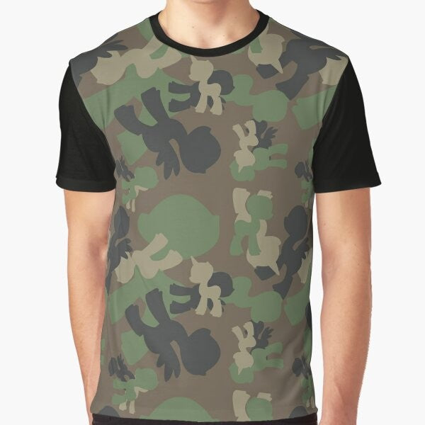 Military-inspired woodland camo graphic featuring a brony design on a t-shirt