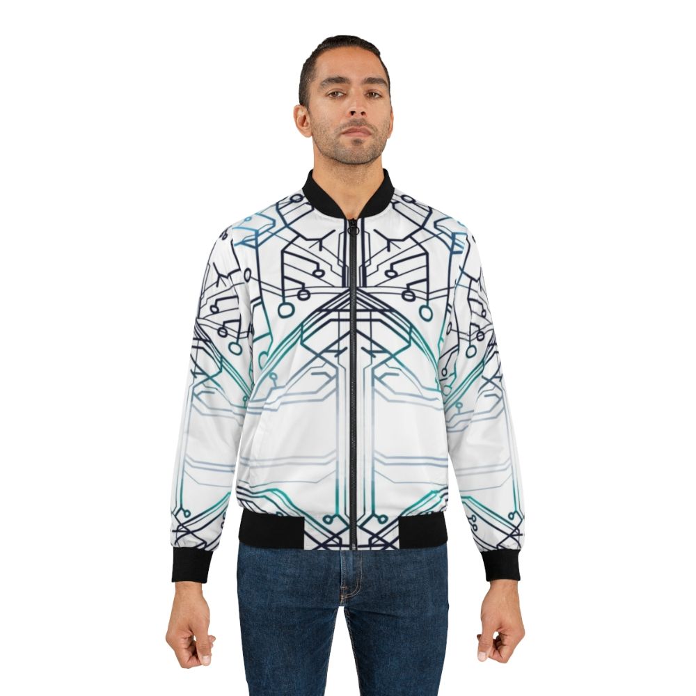 Squip's Hoodie Pattern Bomber Jacket with circuit and electric designs, inspired by the musical Be More Chill - Lifestyle