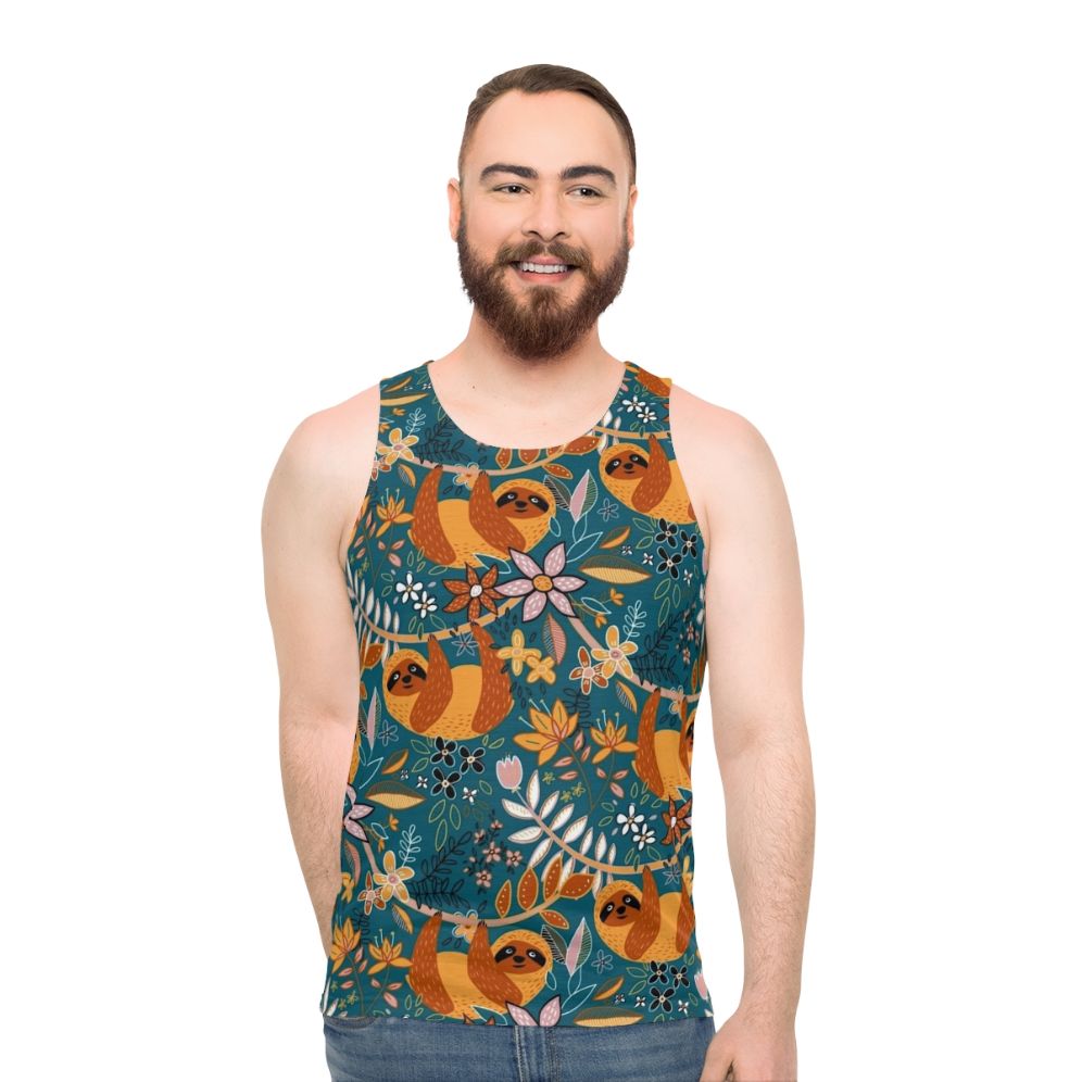 Boho sloth floral teal unisex tank top - men