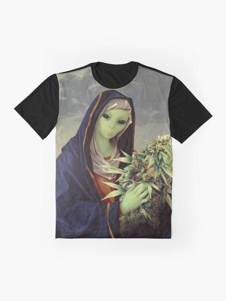 Mother Mary Jane graphic t-shirt with cannabis and marijuana leaf design - Flat lay