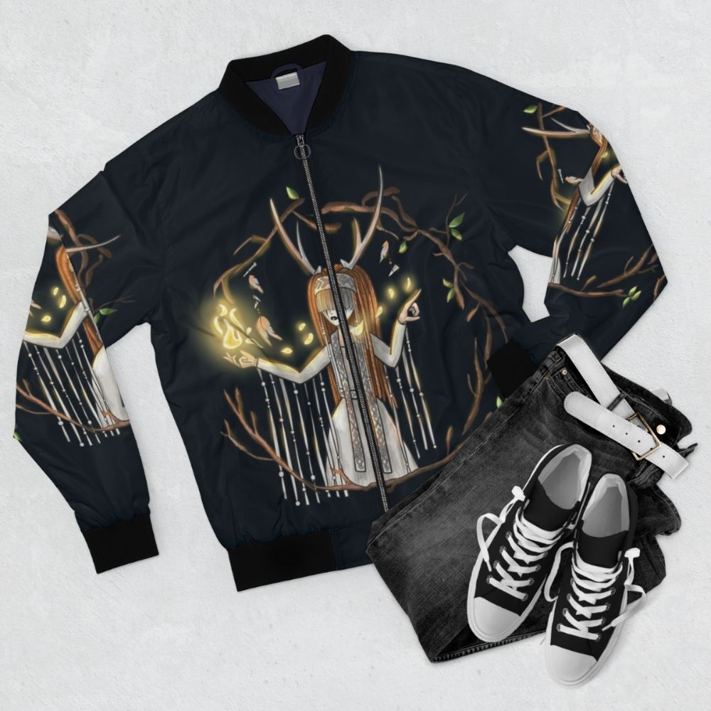 Heilung fanart bomber jacket featuring fantasy elements like fire, nature, and horns - Flat lay