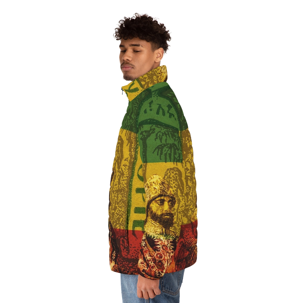 Haile Selassie Rasta Puffer Jacket featuring the Lion of Judah symbol - men side left