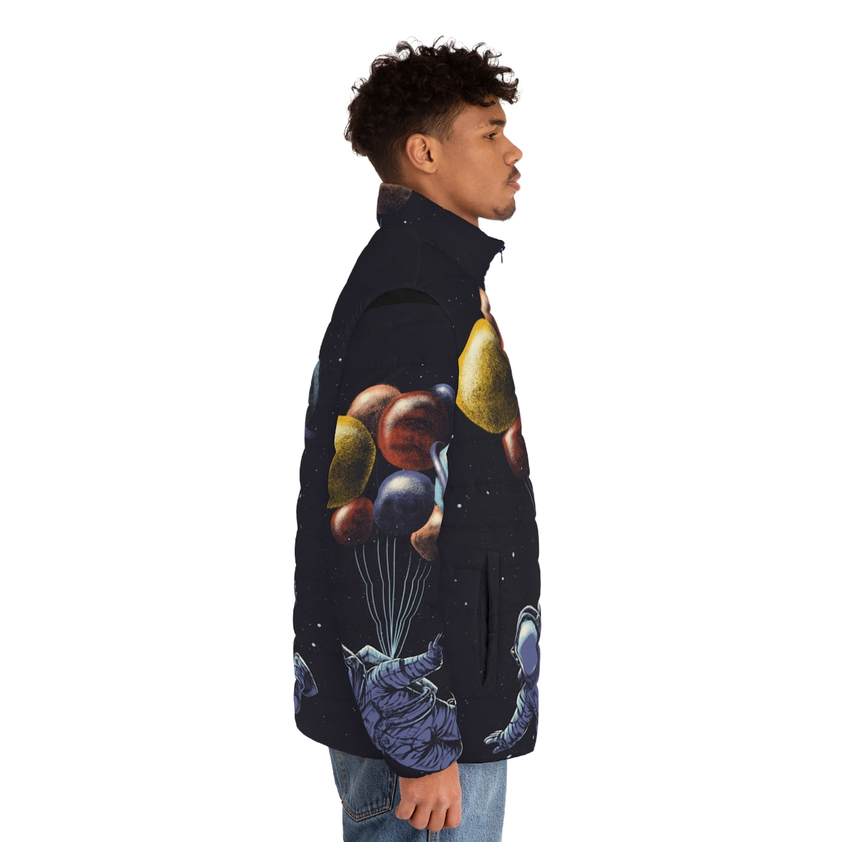 Astronaut in a colorful space travel puffer jacket floating among planets and stars - men side right