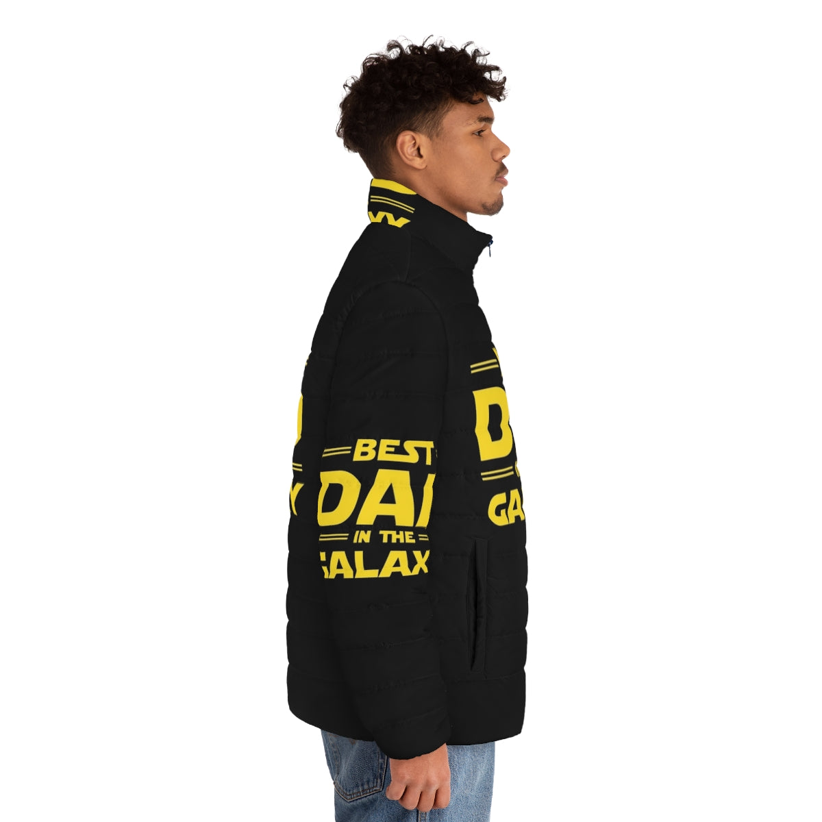 Best Dad in the Galaxy Puffer Jacket - Geeky, Space-Themed Puffer Jacket for Fathers - men side right