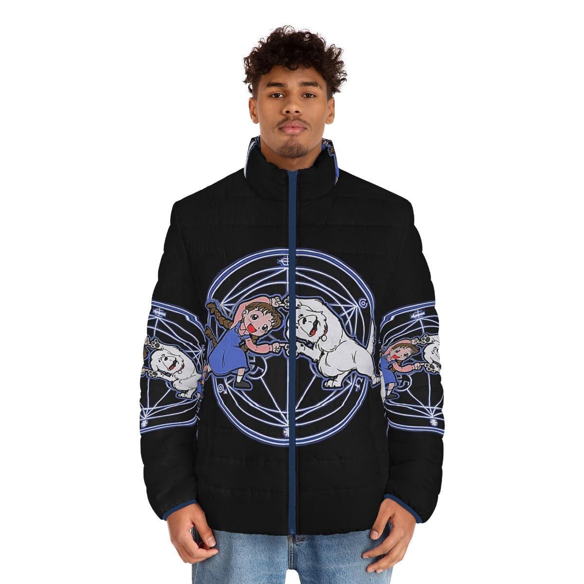 Fullmetal Alchemist anime puffer jacket with character designs and graphics - men front