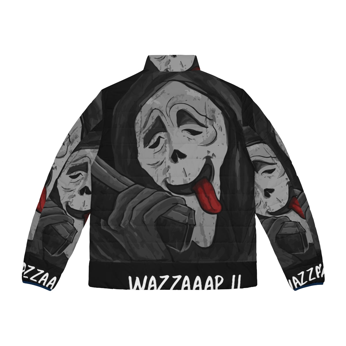 Stylish "Wazzaaap" puffer jacket, inspired by classic horror movies - Back