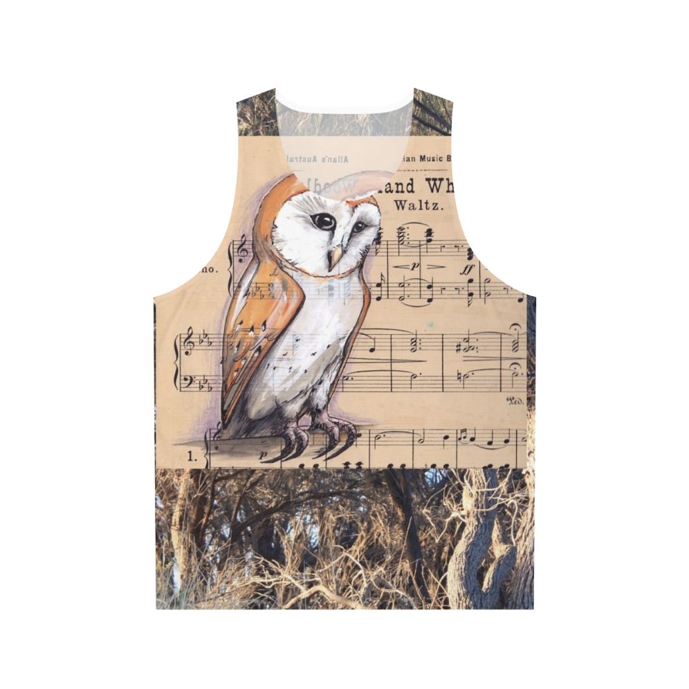 Barn owl perched on a tree branch with musical notes