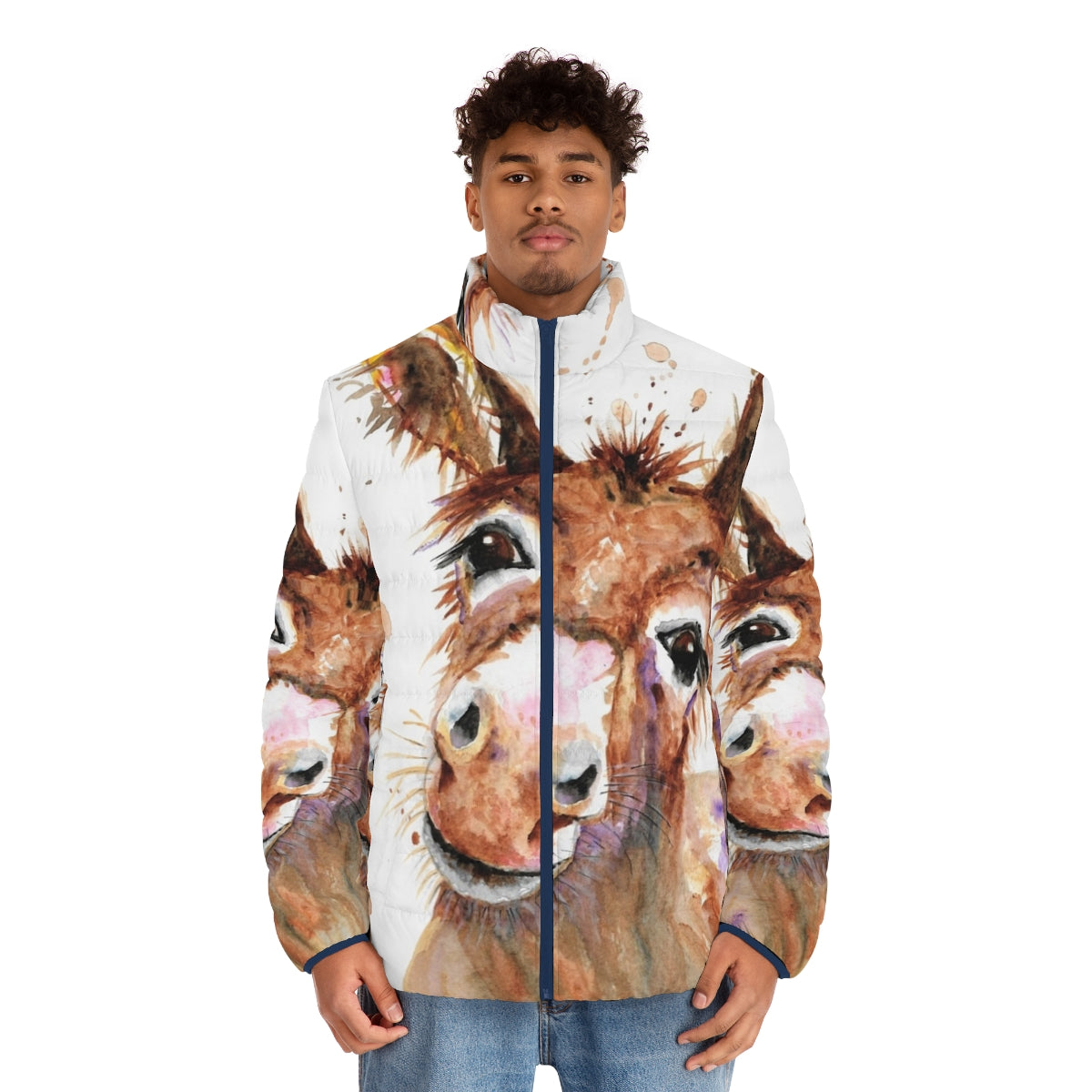 Cute donkey face puffer jacket with a whimsical animal portrait design - men front