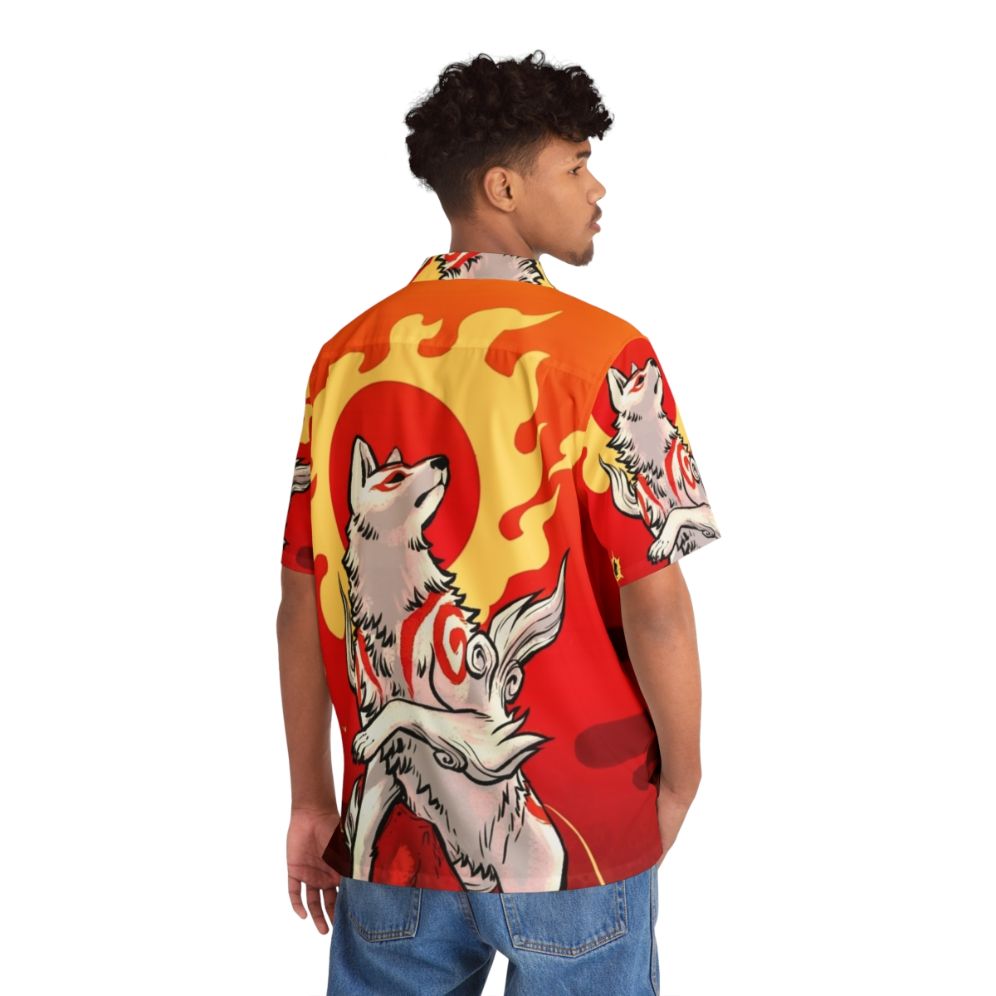 Amaterasu Sun Deity Hawaiian Shirt featuring Japanese mythology inspired design - Flat lay